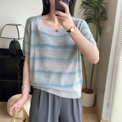 夏季针织短袖夏薄款冰丝正肩t恤