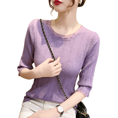 蕾丝套头圆领上衣中袖薄款针织衫