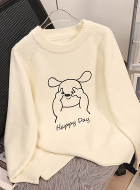 圆领卡通绣花学院风加厚毛衣女打底衫2025新款秋冬慵懒针织衫上衣
