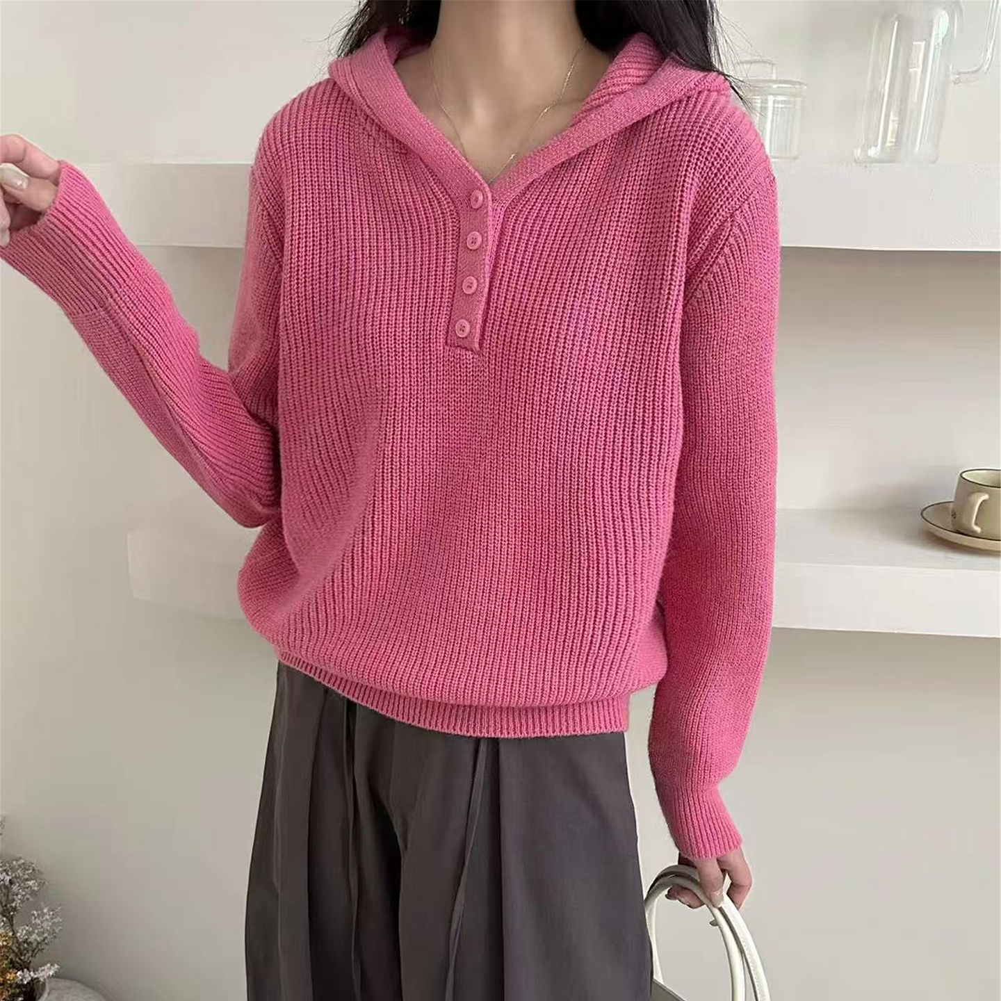 连帽加厚毛衣半开扣针织衫卫衣女