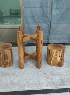 石磨木架老槐木茶盘茶台木架实木磨盘支架圆形石头架复古怀旧摆件