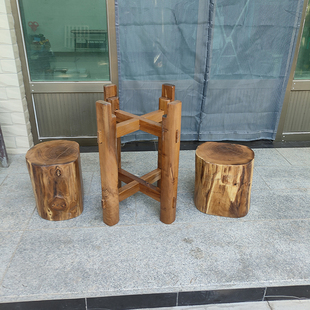 石磨木架老槐木茶盘茶台木架实木磨盘支架圆形石头架复古怀旧摆件