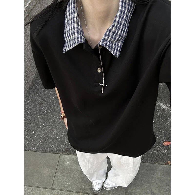 假两件格纹拼接polo衫短袖男女款夏季学院风衬衫领t恤美式qlz情侣
