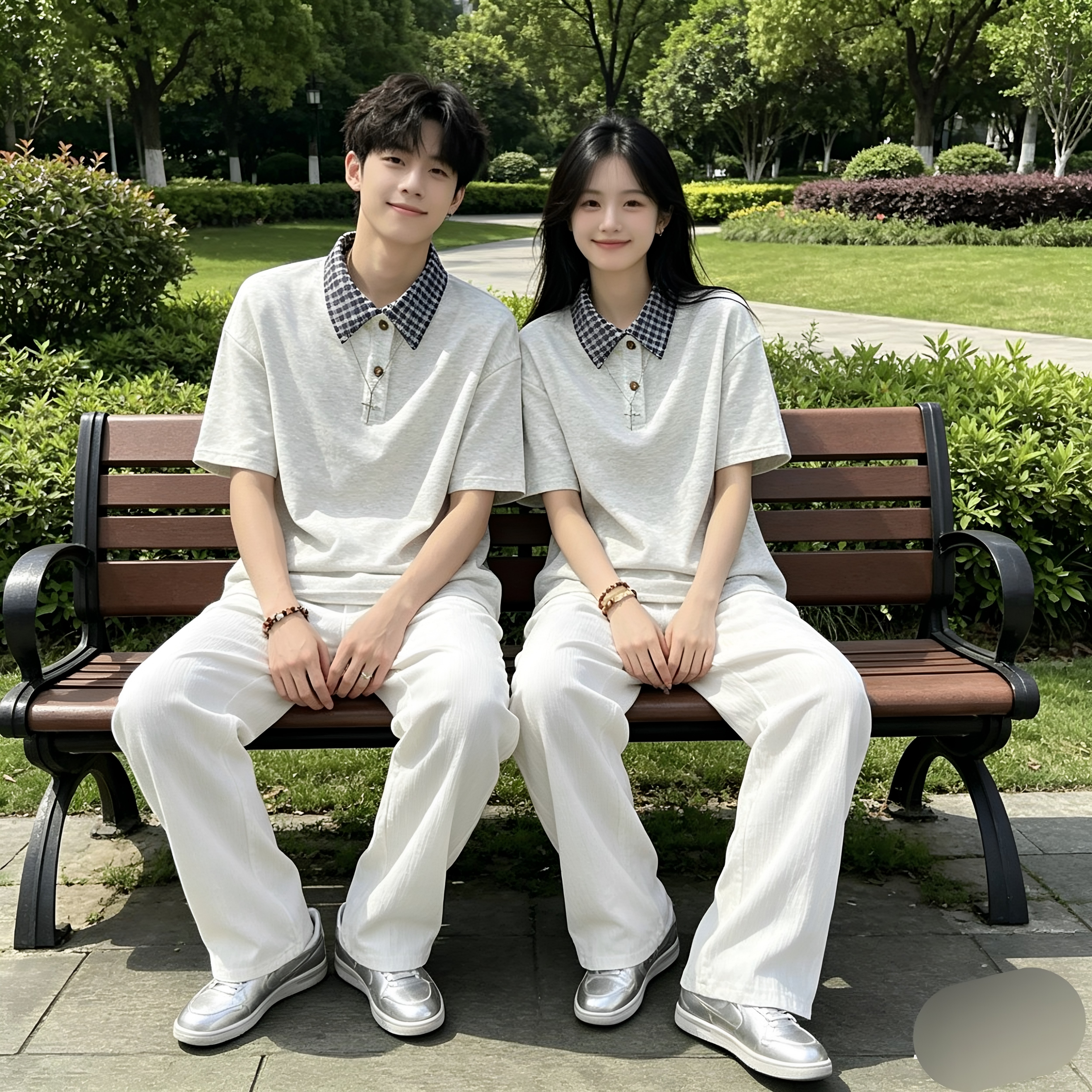 假两件格纹拼接polo衫短袖男女款夏季学院风衬衫领t恤美式qlz情侣