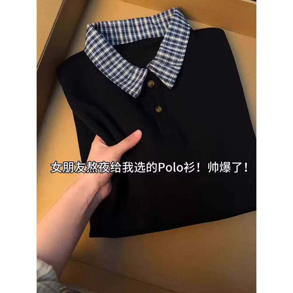 假两件格纹拼接polo衫短袖男女款夏季学院风衬衫领t恤美式qlz情侣
