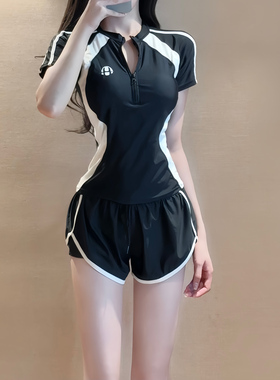 黑色短袖拼色简约分体游泳衣女平角小胸保守显瘦高腰学生运动冲浪