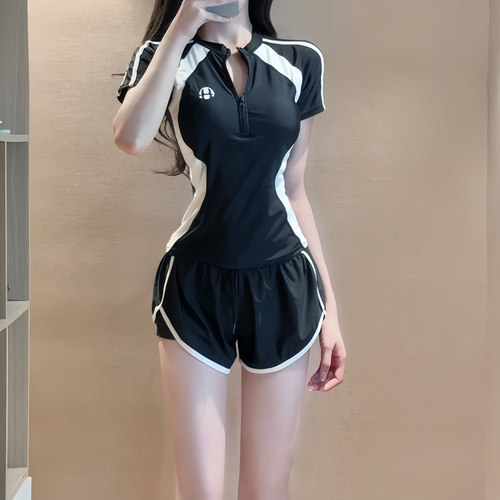 黑色短袖拼色简约分体游泳衣女平角小胸保守显瘦高腰学生运动冲浪
