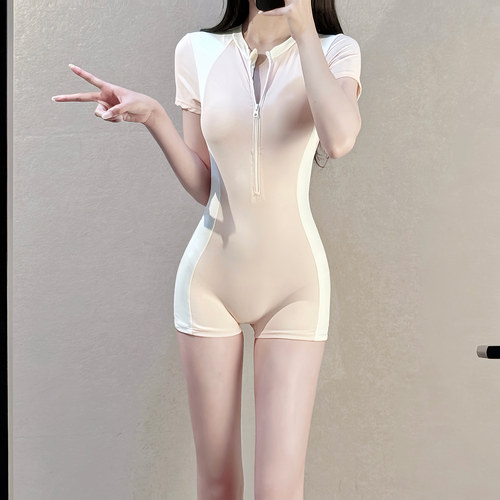 短袖拉链拼色简约连体游泳衣女平角学生保守显瘦浮潜冲浪度假温泉