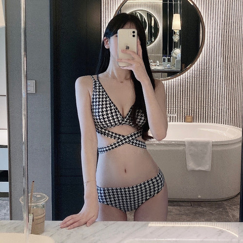 宋智雅同款千鸟格高腰泳衣女ins