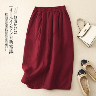 一线品牌商场撤柜冬季 棉裙女宽松遮肉松紧腰花苞裙 复古纯色中长款