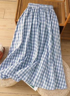 意大利出口品牌捡漏清纯风气质蓝格子半身裙松紧腰A字遮肉女伞裙