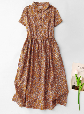 出口外贸法国原单浪漫风优雅气质橙色碎花半开扣系带收腰棉衬衫裙