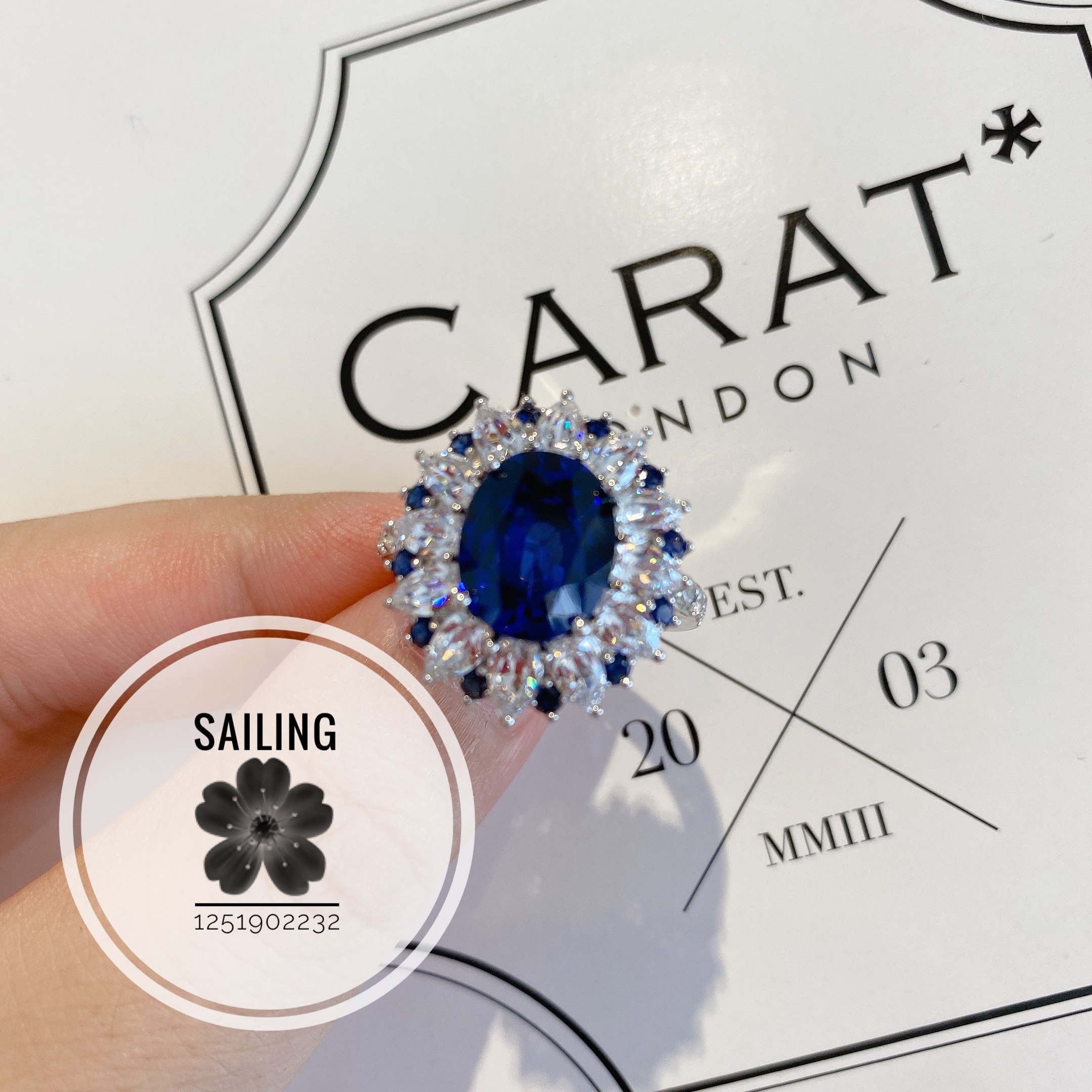 现货 香港专柜 carat london 4克拉椭圆形 人造海蓝宝 人工钻戒指