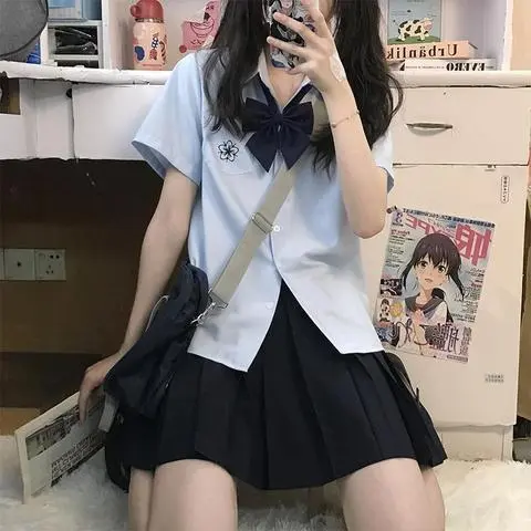 夏纯原创衬衣夏季jk制服上衣白蓝色jk风学院风欲北刺绣短袖女樱木
