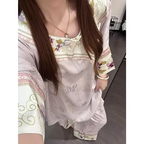 睡衣夏季提花可外穿宽松新中式新款国风女长裤大码家居服套装休闲