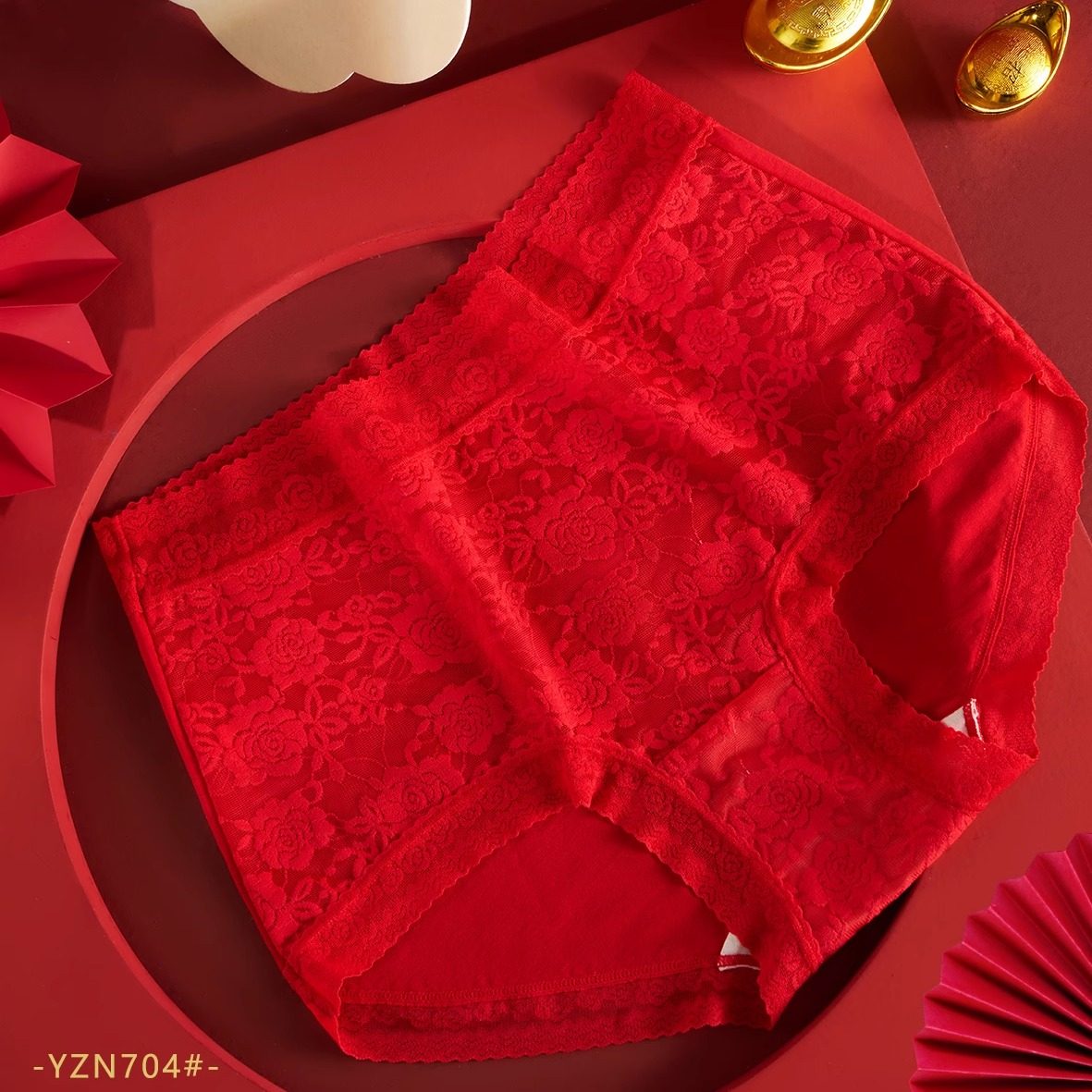 樱姿娜704大红蕾丝中高腰女内裤