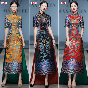 中国风模特走秀旗袍长款 演出舞台服高端大气复古主持人年会礼服女