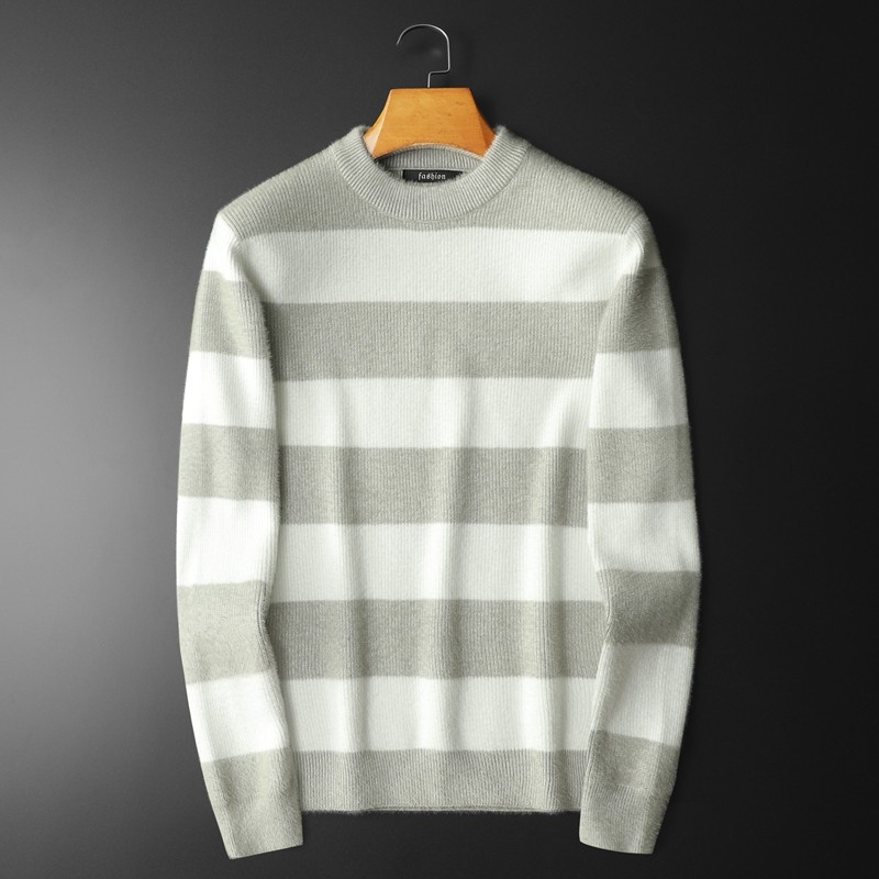 2024冬季新款水貂绒长袖毛衣男士圆领条纹针织衫男qt702-4026-P90，男装针织衫/毛衣，钱塘702