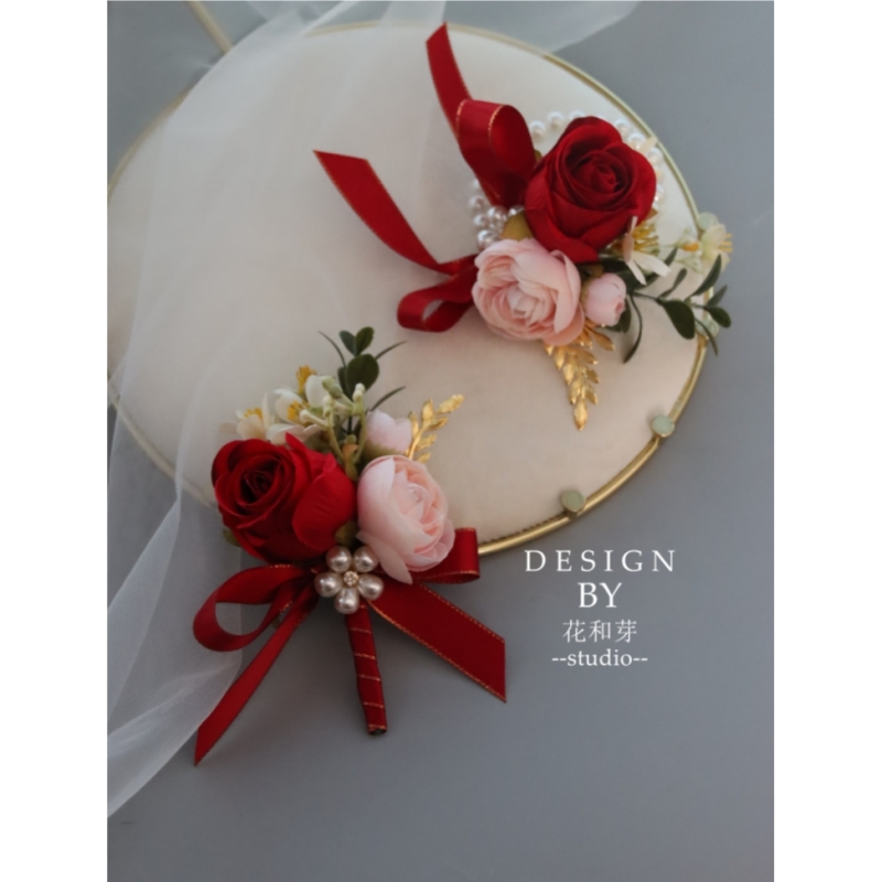 原创 唯美红粉玫瑰珍珠森系商务胸花西式结婚新郎伴娘姐妹团手花
