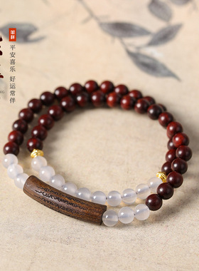 新中式禅意檀木念珠白玛瑙弯管五条经手牌双圈女手腕叠戴手串