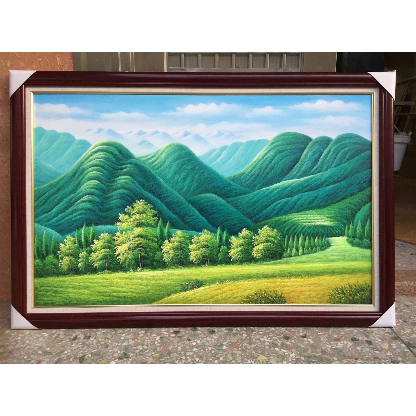 手绘欧式绿树山林油画装饰画促销