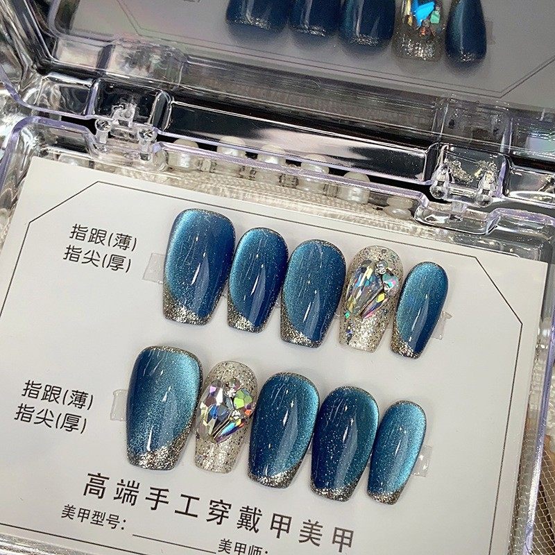 纯手工穿戴甲蓝色猫眼光疗美甲假指甲贴片高级感显白甲片成品
