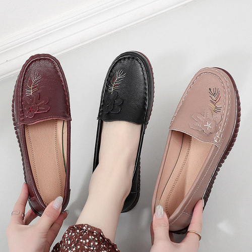 妈妈鞋真皮软底平底单鞋女豆豆鞋