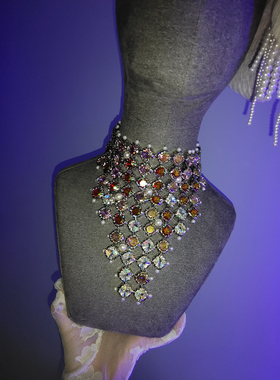 原创设计风豹纹宝石重工流苏项链