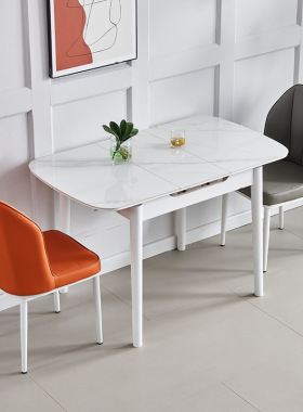 奶油风可伸缩岩板餐桌小户型家用白色轻奢现代简约折叠餐桌椅组合