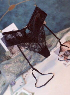 欧美性感黑色蕾丝女内裤火辣中腰绑带腿圈吊袜带网纱诱惑丁字T裤