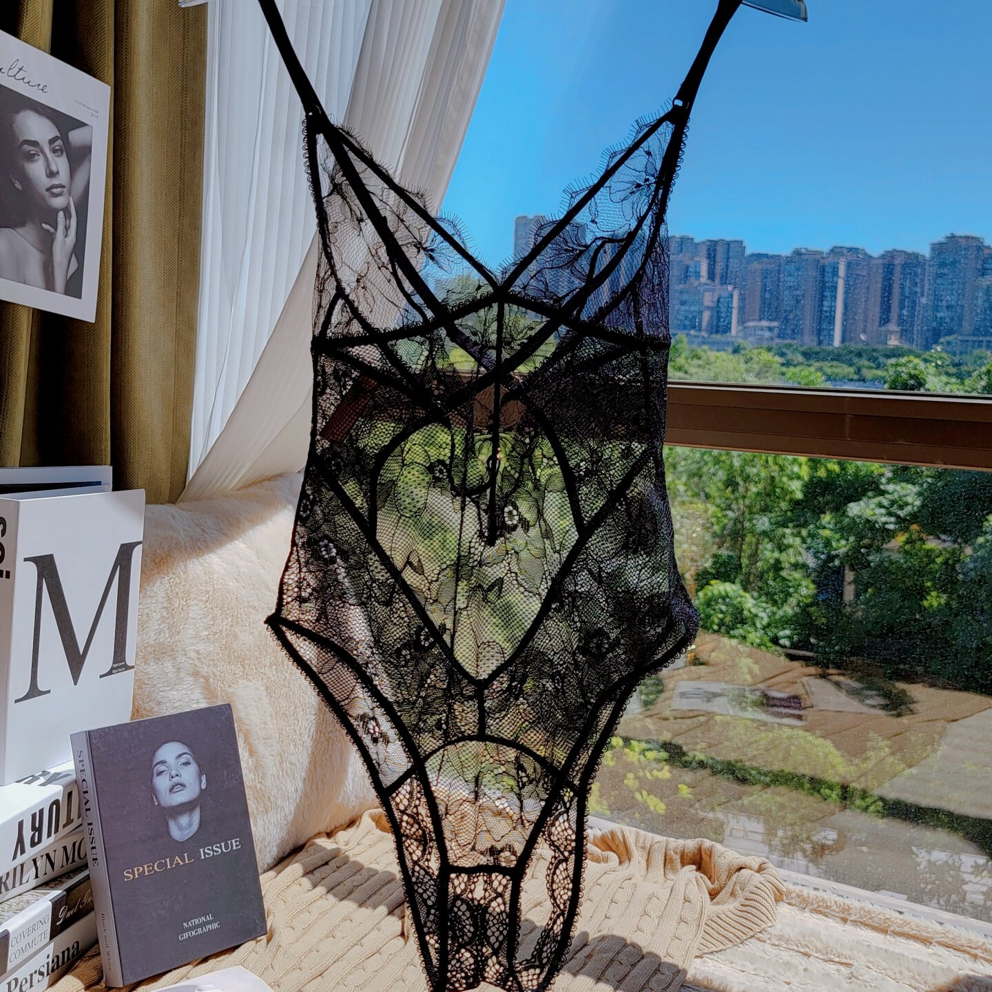 法式性感睫毛全蕾丝内衣女性感黑色超薄款透明免脱诱惑透视连体衣