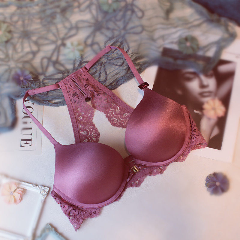 外贸~夏季美背内衣少女性感聚拢前扣光面显大3/4杯加厚隆胸文胸罩