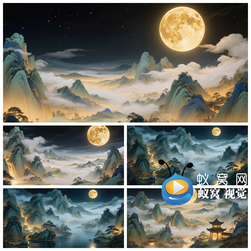 S6770月亮山水 月亮古风建筑 中秋节 圆月唯美中式背景视频素材