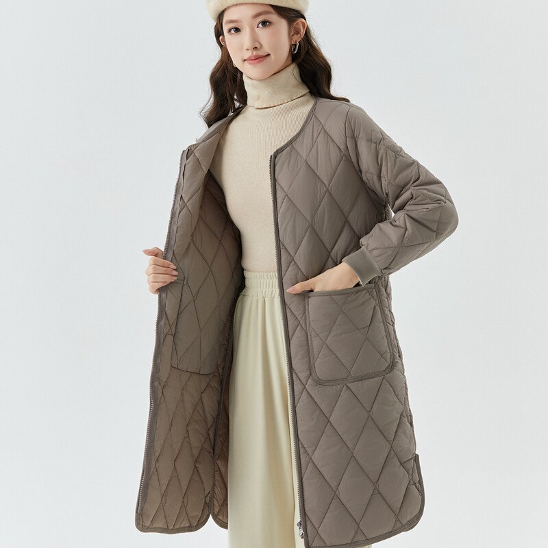 秋冬轻薄款羽绒棉外套女长袖中长款拉链防寒保暖棉衣宽松棉服棉袄