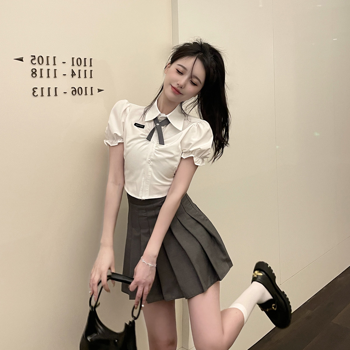 学院校园风jk衬衫女泡泡短袖鱼骨收腰衬衣 纯欲百褶短裙校服套装