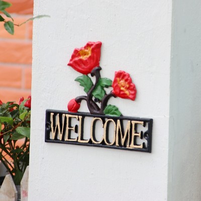 户外花园庭院门牌壁饰铸铁welcome欢迎牌田园玫瑰装饰欧式墙挂饰