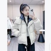 时尚 拼接短款 棉衣连帽棉服外套新款 2025格子冬季 加厚保暖皮衣爆款