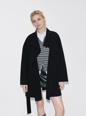 现货【奢定SHX】2025冬新绵羊毛黑色双面呢外套毛呢大衣附腰带