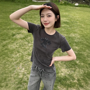 轻薄透气修身 奢定SHX 2026夏新品 女 圆领卡通植绒T恤女小狗短袖