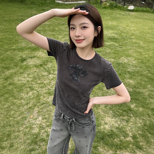 夏季轻薄透气卡通植绒短袖T恤女