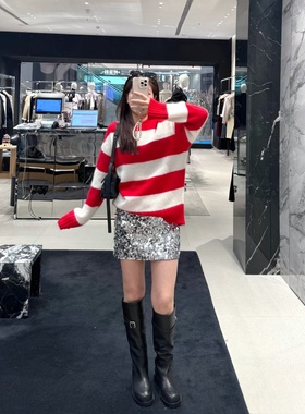 【奢定SHX】2025冬新品宽松慵懒风圆领马海毛绵羊毛粗纺条纹毛衣