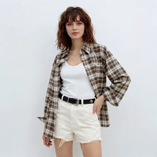 2025秋新品 慵懒风百搭减龄洗旧褪色丰厚绒感复古棕调格纹宽松衬衫