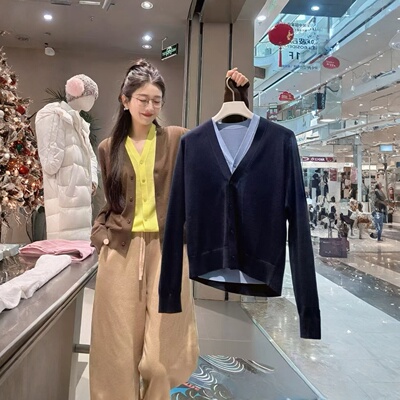 奢定SHX春V领长袖女针织开衫