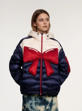 【奢定SHX】2025冬季新款连帽撞色设计经典蝴蝶结户外鹅绒羽绒服