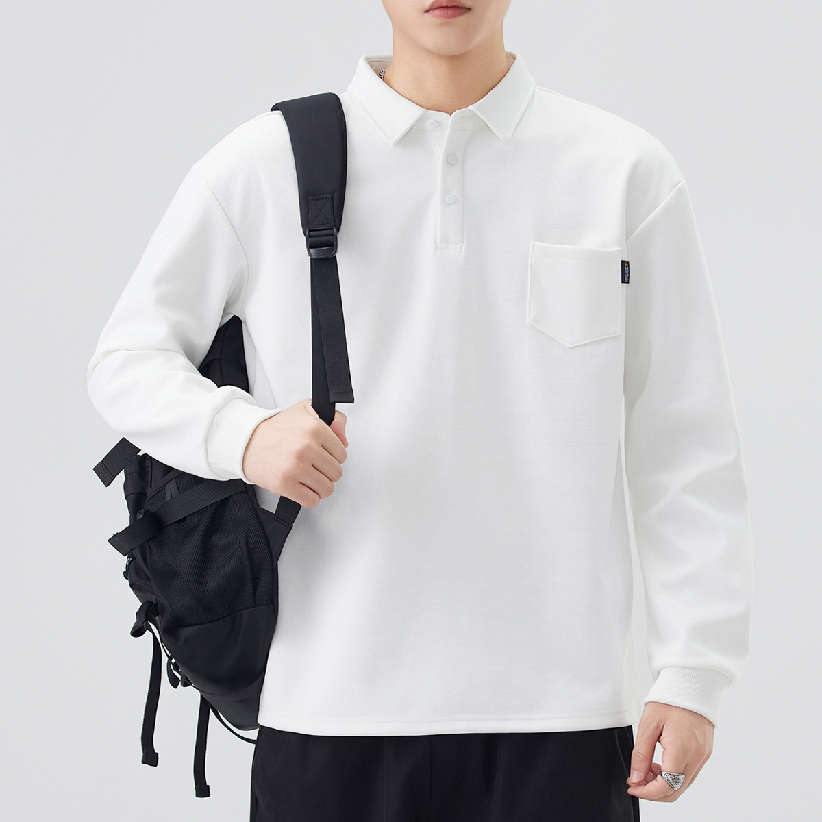 男士长袖白色POLO衫翻领T恤