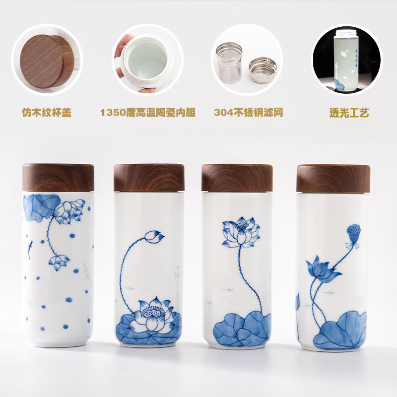 景德镇双层保温玲珑纯陶瓷内胆车载带盖高档男女中药养生泡茶水杯