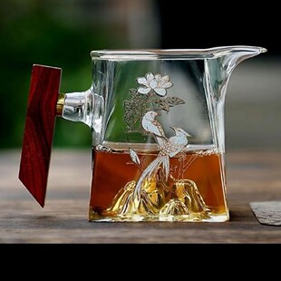 高硼硅玻璃公道杯带木把手柄分茶器家用四方茶海带茶滤公杯