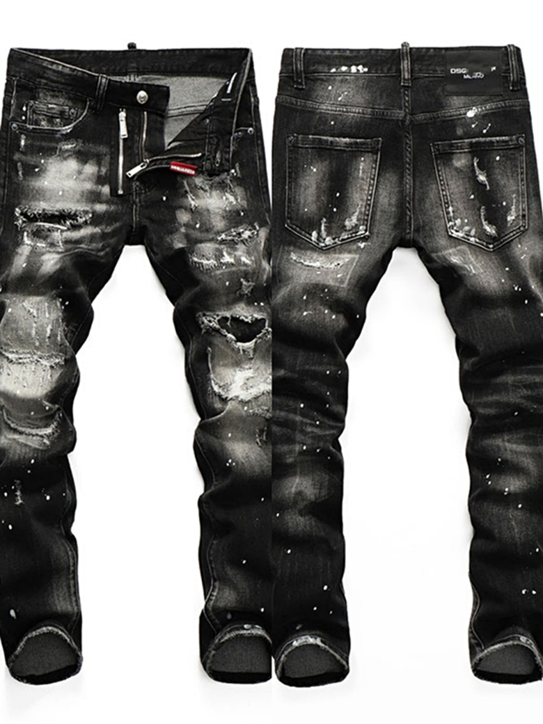 2024春秋款新品破洞补丁拉链装饰潮流时尚男士修身小脚d2牛仔裤男
