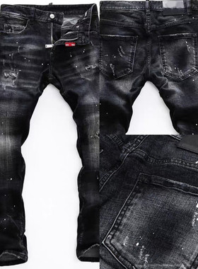 欧美秋冬款新品破洞补丁泼墨漆点黑色时尚百搭DSQ2小脚牛仔裤潮男