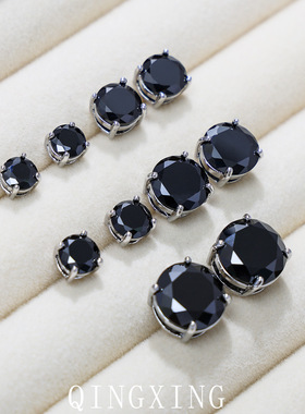 s925纯银针黑色圆形锆石耳钉个性气质简约耳饰小巧耳环明星饰品